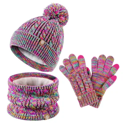 Adult Unisex Knitted Pom-Pom Hat Scarf and Gloves Three-Piece Set Fleece-Lined Warm Travel Hat
