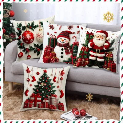 Short Plush Cartoon Snowman Print Pillowcase Christmas Decoration Sofa Living Room Cushion