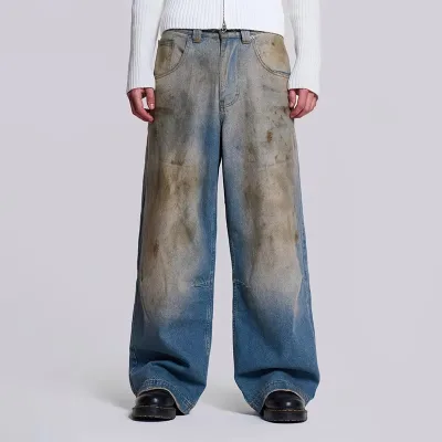 Oem Old Vintage Color Streetwear Custom Design Boys Baggy Denim Pants for Men Wide Leg Yellow Dirty Mud Washed Jeans