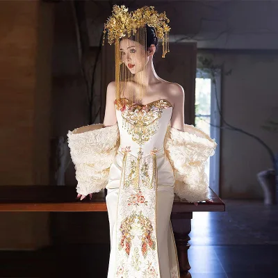 S4149L Champagne-Colored Spring Xiuhe High-End Polyester Floral Chinese-Style Bride's Off-Shoulder Toast Elaborate Wedding Dress