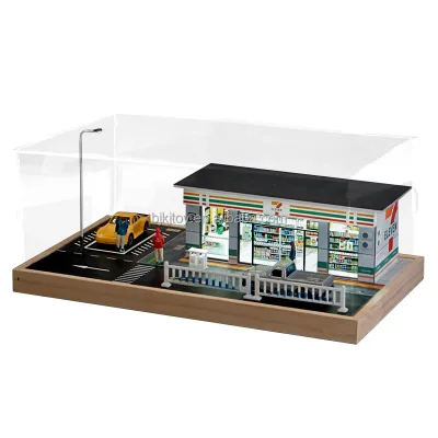 Wood 1:64 Simulation Convenience Store Car Model Storage Box Parking Lot Model Scene Garage Cabinet With Light and Dolls