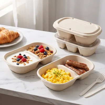 Wholesale Disposable Bagasse Takeaway Food Container Take Out to Go 2 Compartment Takeaway Sauce Box