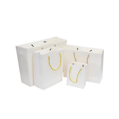 Customized Cardboard Bags Logo White Paper Gift Bags With Ribbon Handles Small Shopping Kraft Gift Paper Bags