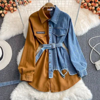 Cowboy Patchwork New Waist Cinching Slimming Irregular Mid Length Shirt Dress