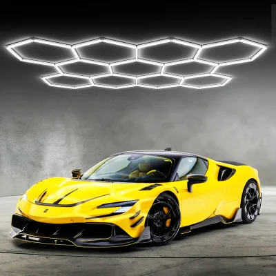 Hexagon LED Garage Light Fixture 350W Honeycomb Ceiling Lamp 5000K Daylight Linkable Grid Workshop Lighting for Parking Garage