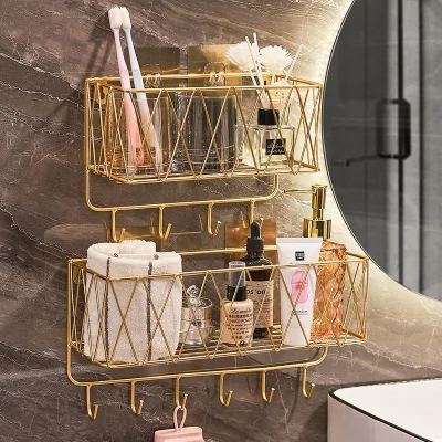 Simple Cheap Bathroom Shelf Hanging Wall Cosmetic Storage Basket No Hole Punch Storage Rack Hook Home Storage