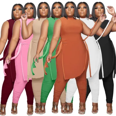 Casual Plus Size Women Clothing Two Piece Outfits Sleeveless Round Neck Bandage Crop Tops Pants Sets Urban Commute Casual