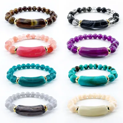 Trendy Unique Handcrafted Resin Colorful Tube Round Beads Elastic Bracelet Stretch for Men Women Fashion Jewelry Wear