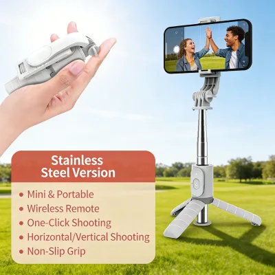 Wireless Remote Stainless Steel Mini Selfie Stick Tripod, Portable Collapsible Phone Holder for Travel Vlog Horizontal/Vertical