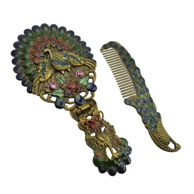 Portable Vintage Tin Peacock Folding Makeup Mirror and Comb for Lady Gift Souvenir