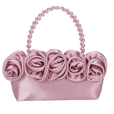 Fashion Handmade Polyester Clutch Evening Bag Zipper Closure Flap Handheld Strap Flower Beads Decoration for Women's Wedding