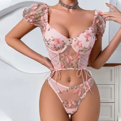 Cx3450 XXL Top Sexy European and American Backless Transparent Floral Embroidery Patchwork Lace-up Bubble Sleeve Lingerie