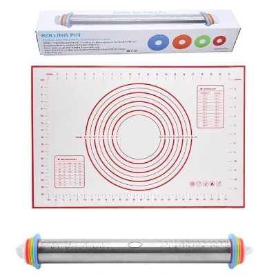 Custom logo Food Grade Silicone Kneading Pad  for Cake Baking Pastry Baking Mat Stainless Steel Adjustable Rolling Pin