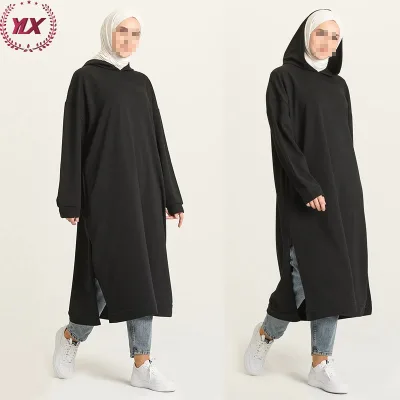 Hot Selling High Quality Classic Black Color Plain Polyester Mid Length Hoodie Casual and Activewear Modest Women