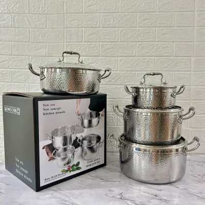 Three-layer 304 Stainless Steel Uncoated Modern Minimalism Kitchenware Set Four-piece Soup Pot Milk Pot Frying Pan Steel Cover