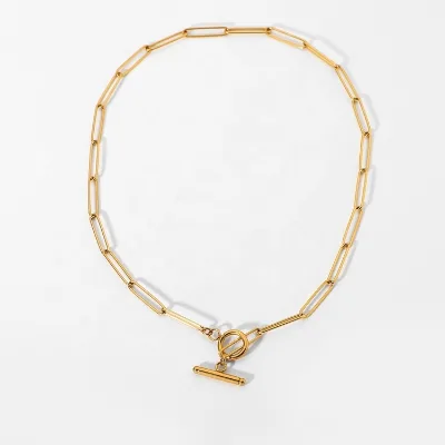 18K Gold Plated OT Buckle Flat Rectangle Link Chain Stainless Steel Choker Necklace Jewelry for Women