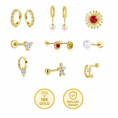 Luxury 18K Gold Implant Grade Piercing Earring Set Hypoallergenic Crystal CZ Flower Sun Pearl Helix Tragus Conch Piercing Studs