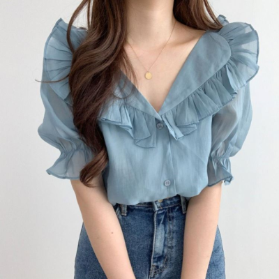 2021 Fashion Casual Summer Puff Sleeve Shirts for Women Dress Design Tops Clothing Graphic Pleated Ladies' Blouses