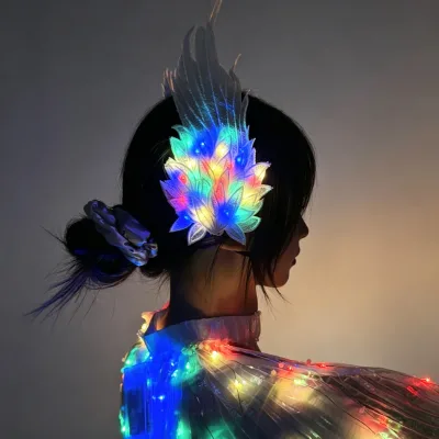 LED Light up Feather Hair Clip Glowing Lace Flower Hair Barrette Elf Fairy Headwear Women Dancing Carnival Cosplay Costume