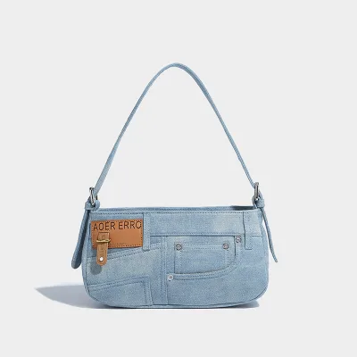 New Simple Trend One-shoulder Underarm Bag Vintage Patchwork Denim Zipper Closure Casual Tote Cross-Body Strap