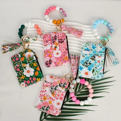 Bracelet, Floral Ruffled Card Holder, Keychain  Flower Leather Wallet