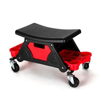 Adjustable Car Repair Stool with Roller 4 Wheels Pneumatic Seat with Tool Storage Box