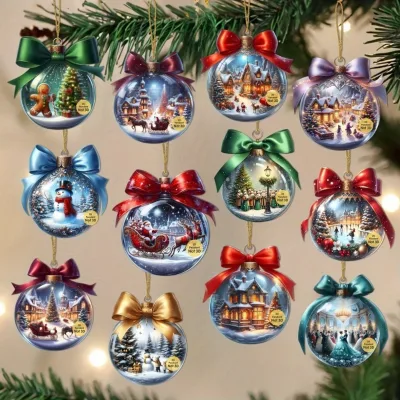 12-Piece Modern Style Wooden Christmas Ball Decorative Set 2D Flat Pendant for Holiday Tree & Home Window Decoration