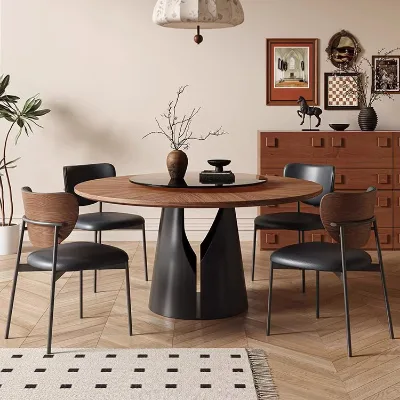 French Retro Solid Wood Round Dining Table Black Walnut Parquet in Ancient Style Household Small Round Table with Turntable