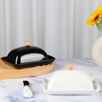 Ceramic Butter Dishes with Lid Vintage Kitchen Clear Serving Butter Storage Box With Wooden Bead on the Lid