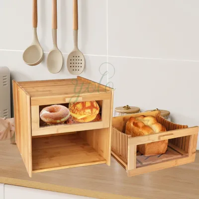 2026 Corner Bread Bin Box with Slicer Extra Large Bamboo Countertop Container Dual Adjustable Shelves for Freshness Organization