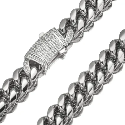 High Quality 14K Gold Plated Hip Hop Iced Cuban Link Chain Necklace Stainless Steel Unisex OEM Zircon Geometric IGI Certified