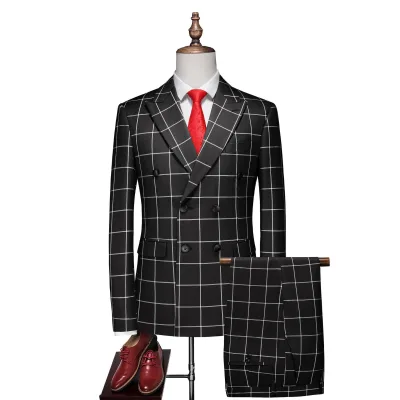 Wholesale Customization Fashion Plaid Breathable TR Wedding Suits Men Double Breasted Button Fly Velvet Adults American Style