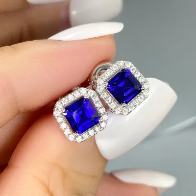Hot Sale Fine Women Jewelry Earrings 925 Sterling Silver Lab Grown Gemstone Sapphire Earrings Stud Sides Moissanite Earrings