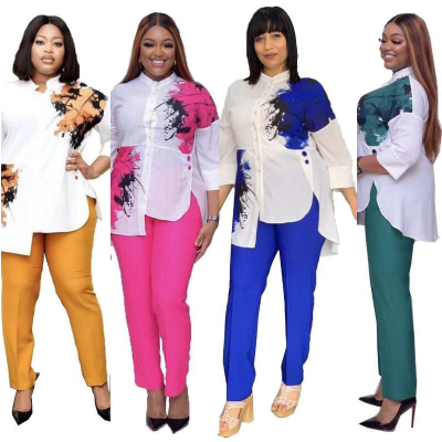 Nigeria African Fashion Print Irregular Slit commuter Plus Size Shirt and Pants Office Suits