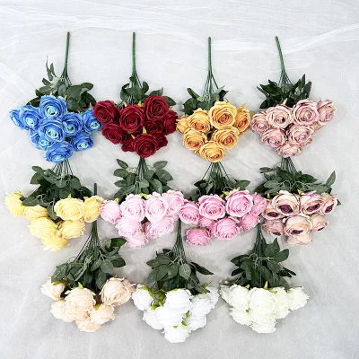 High Quality Artificial Rose Flower Bouquet 9 Head Red Blue Silk Rose for Wedding Home Decor Bouquet of Rose Flower Indoor Decor