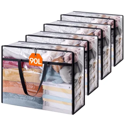 Clear Clothes Storage Bags ,90L Plastic Blanket Storage Bag ,Foldable Moving Bags With Zipper ,Closet Organizers