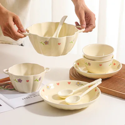 Wisteria Blossoms Cream Ins Style Large Soup Bowl with Spoon Ceramic Plate Rice Bowl Plant Pattern for Household Use