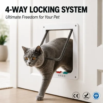 Weatherproof 4-way Locking Cat Door for Interior Exterior Door Durable Abs Plastic Pet Flap With Magnetic Brush Seal