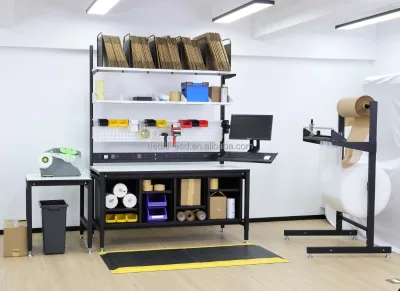 Detall Packing Table ESD Safe Packing Table Anti Static Laminate Top LED Light Shelves Storage Bins ISO 9001 Certified