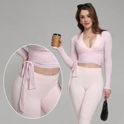 2026 New Design Style Bowknot Belted Top - Breathable Nylon Long-Sleeved Sport Fitness Yoga Top