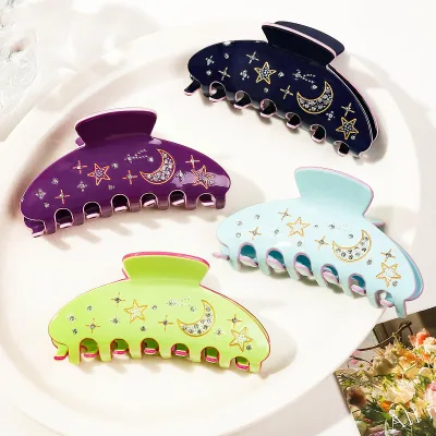New Arrival Women Acetate Rhinestone Hair Claw 10 cm Large Hair Claws Stars Moon Hair Claw
