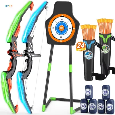 Huiye Hunting Bow and Arrow Set Standing Target Archery Toy With LED Flash Lights Outdoor Game Sport Toy Kids Interactive Gifts