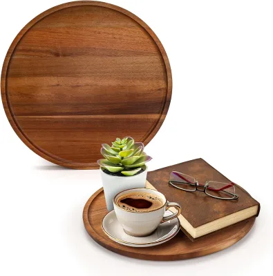 11.8 Inch Round Wooden Tray Acacia Wood Serving Tray for Coffee Table Acacia Centerpiece Trays for Charcuterie Board