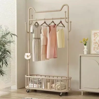 Double-Tiered Metal Bedroom Storage Clothing Organizer Living Room Coat Rack with Bag Use for Bedding