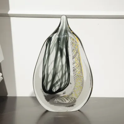 Luxury Hand-Blown Art Glass Teardrop Sculpture with Abstract Spiral Wire Pattern Sommerso Glass Decorative Figurine for Home