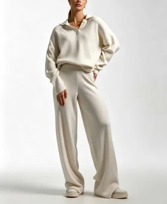 Women Polo Collar Knit Two Piece Set Long Sleeve Sweater Tops Wide Leg Pants Casual Loose Loungewear Outfits