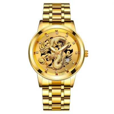 Fashion Calendar Men's Watch Men's Watch Steel Band Non Mechanical Business Diamond Chinese Loong Watch