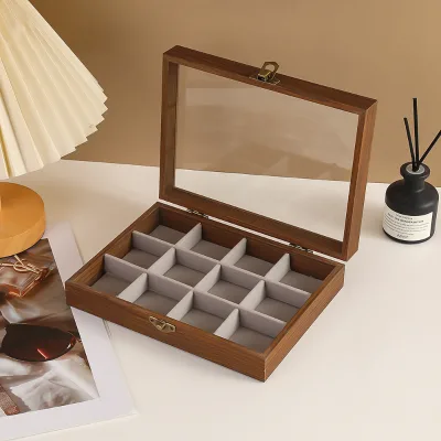 Wooden Peach Wood Grain Jewelry Box with Clear View Window, Multi-compartment Dustproof Display Storage Case for Accessories