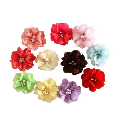 Girl Fabric Chiffon Hair Flowers TWO Pearl Rhinestone Flower Handmade Flat Back