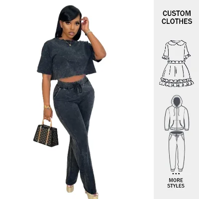 Custom Logo Women Terry Sweater Sweatshirt Acid Wash T-Shirts Women Crop Top Summer Crop Acid Wash 2 Piece Set